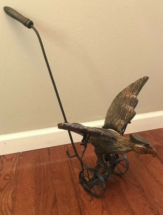 Antique Mechanical Eagle Push Toy Wooden Metal Bird Wings Move Must C