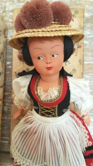 Vintage Schwarzold Celluloid 9 " Girl Doll Felt Costume Side Glancing Eyes