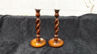 Pair Antique Wooden Barley Twist Candlesticks Candle Holders