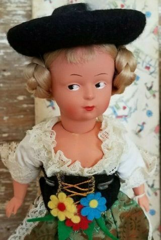 Vintage Bayern Celluloid 9 " Girl Doll Felt Costume Side Glancing Eyes