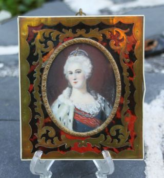Antique Hand Painted Portrait Miniature Catherine The Great Russia Boulle Frame