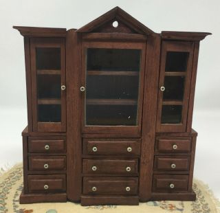 Vintage Artisan Vhite? Dollhouse Miniature Wood China Cabinet Breakfront
