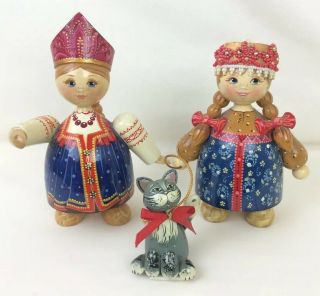 Vintage Sweet Wooden Polish Russian Pair Doll Girl Friends Pet Cat
