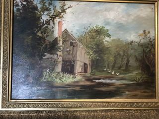 Beautifully Framed Antique Early 1900s Landscape Oil Painting Barn Ducks 2