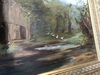 Beautifully Framed Antique Early 1900s Landscape Oil Painting Barn Ducks 3