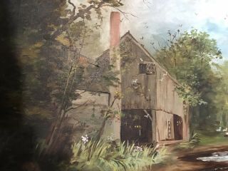 Beautifully Framed Antique Early 1900s Landscape Oil Painting Barn Ducks 4