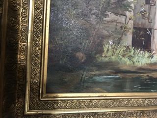 Beautifully Framed Antique Early 1900s Landscape Oil Painting Barn Ducks 5