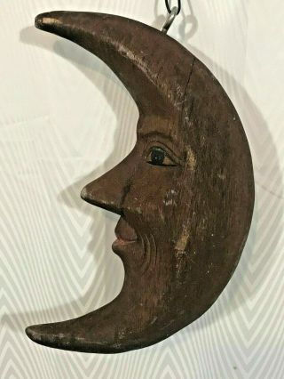 Antique American Primitive Folk Art Crescent Moon Face Man Carving Solid