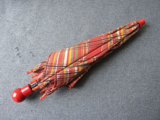 Vintage Red Wooden Handle & Celluloid Plaid Fabric Miniature Umbrella For Dolls