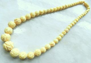 Antique Vintage Necklace,  Hand Carved Graduated Bovine Bone Beads,  Cream Color