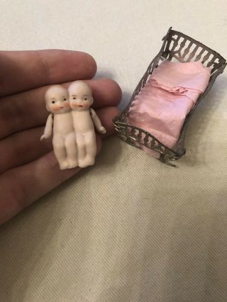 Darling Tiny Antique Hertwig? German Twin Baby Dolls W Metal Cradle Dollhouse