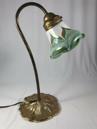 Antique Steuben Quezal Iridescent Pulled Feather Art Glass Shade Lamp - Stunning