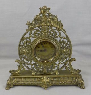 Antique Brass Table Or Desk Easel Clock With Very Ornate Decoration