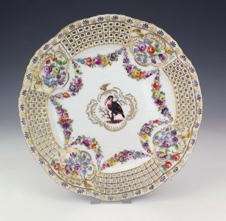 Antique Meissen Dresden Porcelain Hand Painted Flower & Bird Pierced Plate
