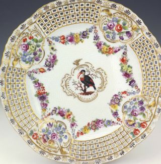 Antique Meissen Dresden Porcelain Hand Painted Flower & Bird Pierced Plate 2