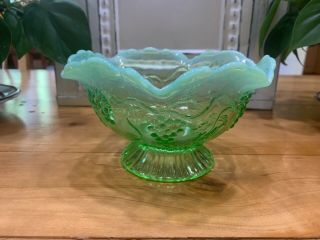 Antique Green White Depression Glass 3 Footed Candy Bowl Dish With Leaf Design