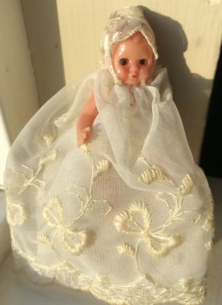 Vtg Dollhouse Miniature Baby W/ Sleep Eyes In Christening Gown Hard Plastic 2 "