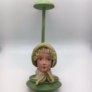 Rare Antique Wood Paper Mache Doll Head German Hat Display Stand Germany Wool