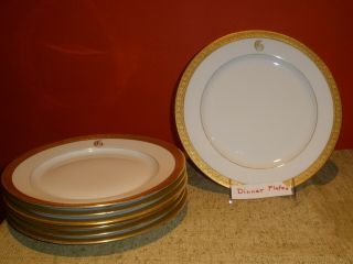 7 Antique Gold Encrusted Rims Dinner Plates 10.  25 " 1920s Crown Imperial Mono G