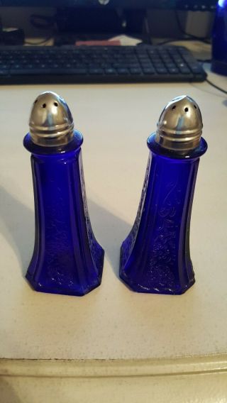 Vintage Antique Glass Cobalt Blue Floral Salt Pepper Shakers 4.  5 Tall