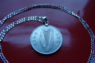 Antique Gaelic 1969 Irish Pence Pendant On A 30 ".  925 Sterling Silver Chain
