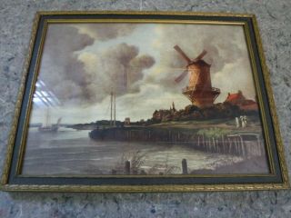 Vintage Framed Print Of Dutch Windmill By The Sea - Unsigned
