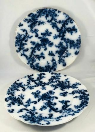 2 Antique Flow Blue " Paisley " 9 " Plates By Mercer Semi - Vitreous - N/r