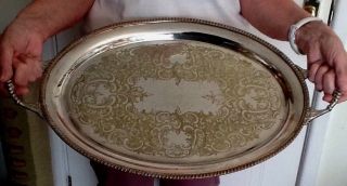 Large Vintage Silver Plated Tray On Copper Chased Oval 54cms Sheffield England