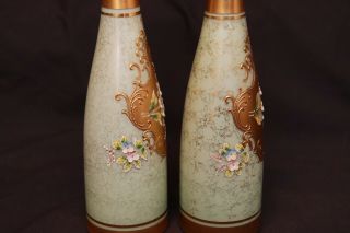 Vintage Antique Pair Czech Bohemian Green Gold Blown Art Glass Bottle Decanter 4