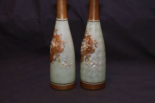Vintage Antique Pair Czech Bohemian Green Gold Blown Art Glass Bottle Decanter 5