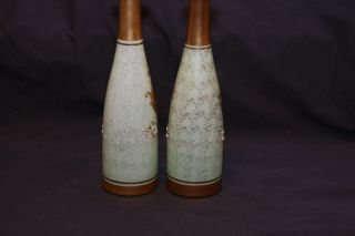 Vintage Antique Pair Czech Bohemian Green Gold Blown Art Glass Bottle Decanter 6