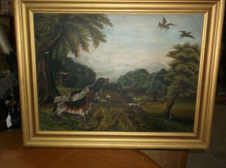 A463 Antique Oil Painting Hunting Scene Snipes Rails 22x28 Dogs Old Gun