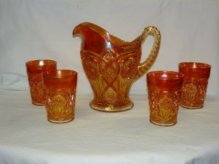 Antique Fashion By Imperial Marigold Carnival Glass Pitcher & 4 Tumblers