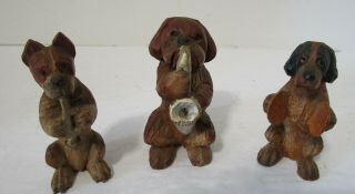 Antique Set Of 3 Folk Art Hand Carved Dog Band Wooden Figures