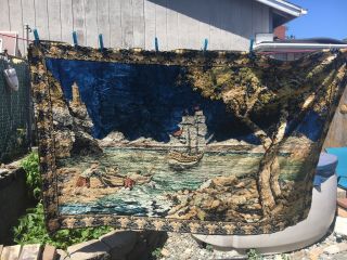 Huge Vintage Tapestry Wall Hanging Rug 69 " X 48 " Ship Scenery.