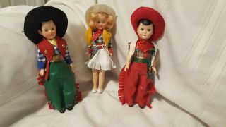 Vtg Hard Plastic Western Girl Cowgirl Doll & 2 Cowboy Boy Dolls 1950 