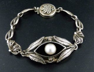 Vintage/antique Sterling Silver Filigree Onyx & Pearl Evil Eye Bracelet