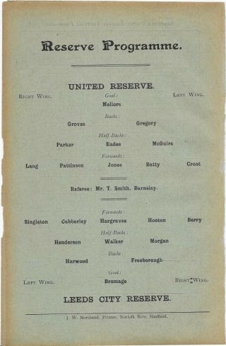 Antique Programme Sheffield United Reserves V Leeds City Reserves 3 - 9 - 1906