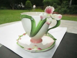 Cup Saucer Iris Orchids By Franz Porcelain Cream & Rose Pink Majolica