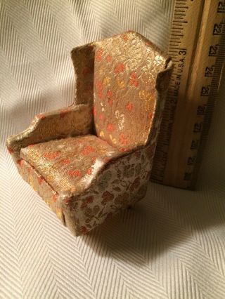Miniature Wing Chair Armchair Upholster Vtg Furniture Doll House Seat Gold Ideal