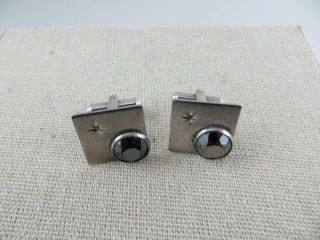 Vintage Sterling Silver Cufflinks With Black Stone And Engraved Star