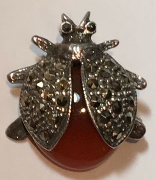 Little Carnelian Bug Antique Vintage Sterling Silver 925 Marcasite Brooch Pin