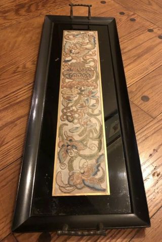 ANTIQUE CHINESE FRAMED EMBROIDERED SILK PANEL GLAZED WOODEN TRAY BFLIES FLOWERS 3