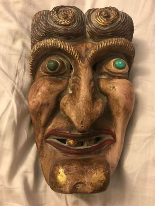 Antique European Wood Carved Face Mask - Green Eyes & Red Lips