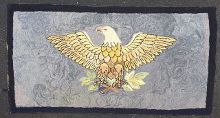 Large Antique Hand Made Folk Art Hooked Rug Depicting An Eagle 34” X 64”
