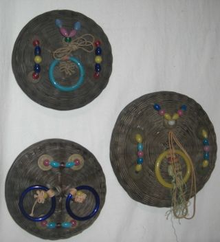 3 Vintage Chinese Sewing Basket Lids Only Wall Decor Peking Glass Beads Hoops
