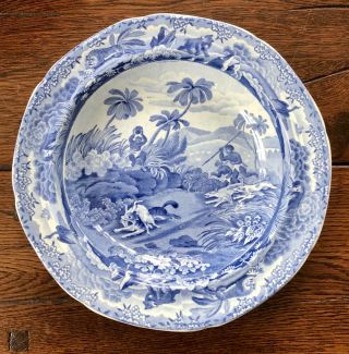 Antique Pottery Pearlware Blue Transfer Spode Indian Sporting Wolf Plate 1820 2