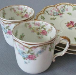 2 Antique Haviland Porcelain Cups Saucers Flower Swags Schleiger 72 Double Gold