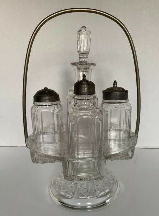 Vintage Antique 5 Piece Cruet Set Victorian Glass Condiment Holder