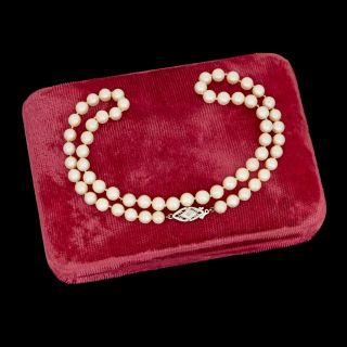 Antique Vintage Art Deco 10k White Gold Diamond & Akoya Pearl Wedding Necklace